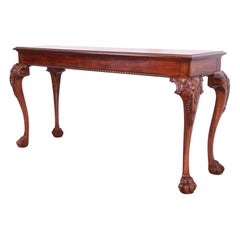 Vintage Henredon Chippendale Carved Mahogany and Burl Wood Console Table