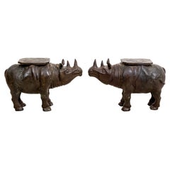 Pair of Bronze Garden Rhino Shaped Side Tables