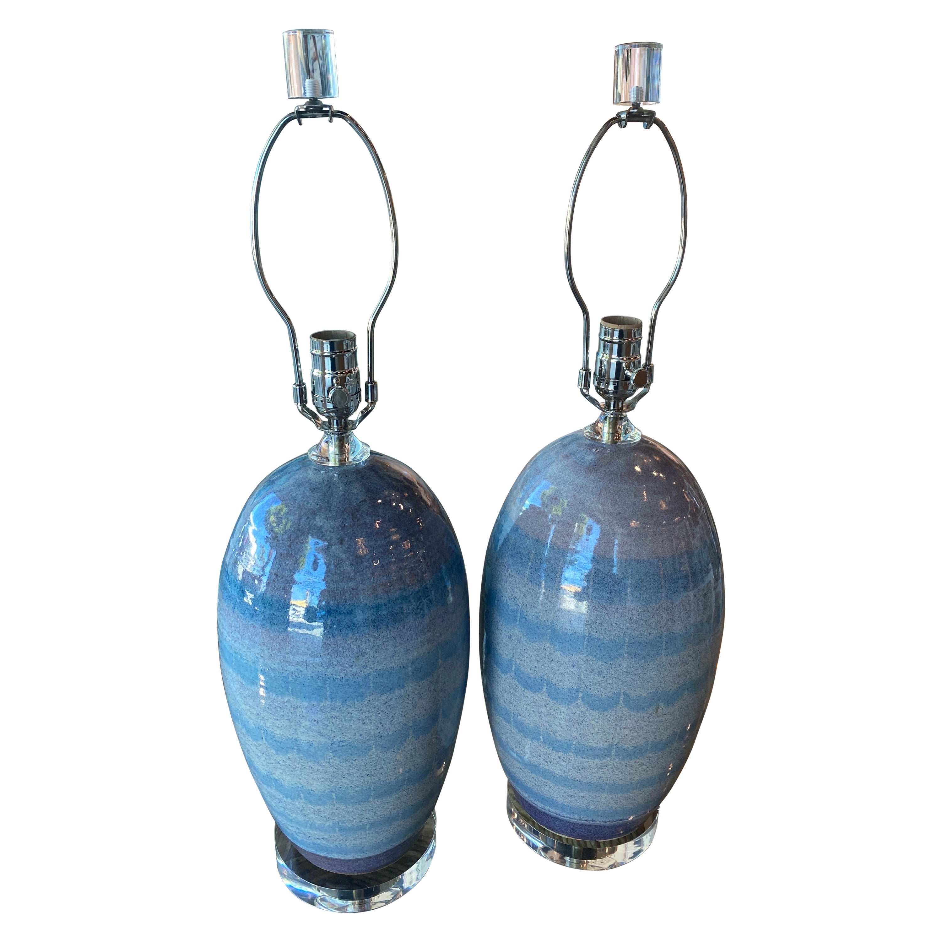 Vintage Pair Ceramic Pottery Lucite Ombre Blue Lavender Table Lamps Restored For Sale