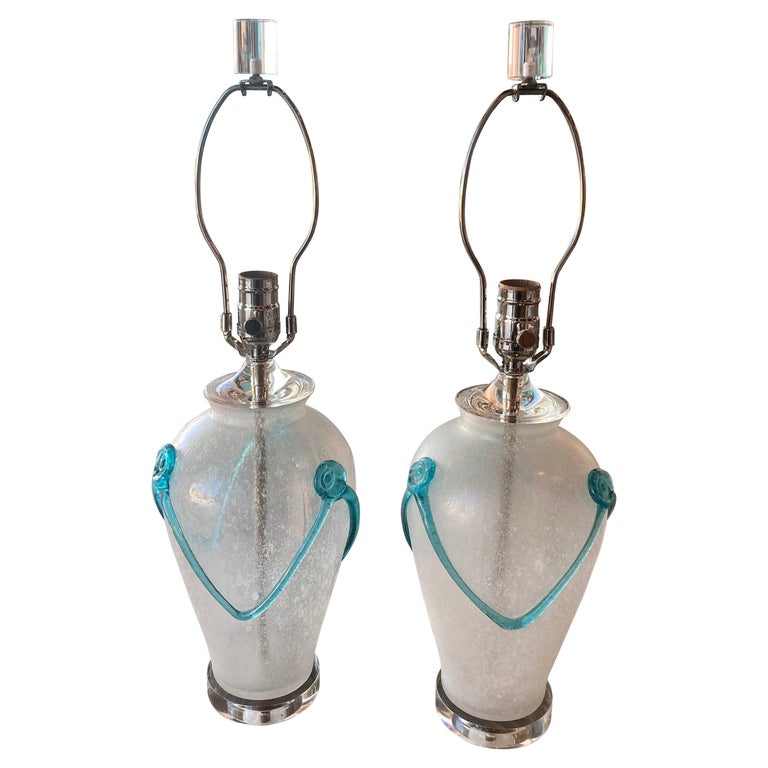Vintage Pair of Murano Frosted Aqua Glass Lucite Table Lamps Newly Restored For Sale