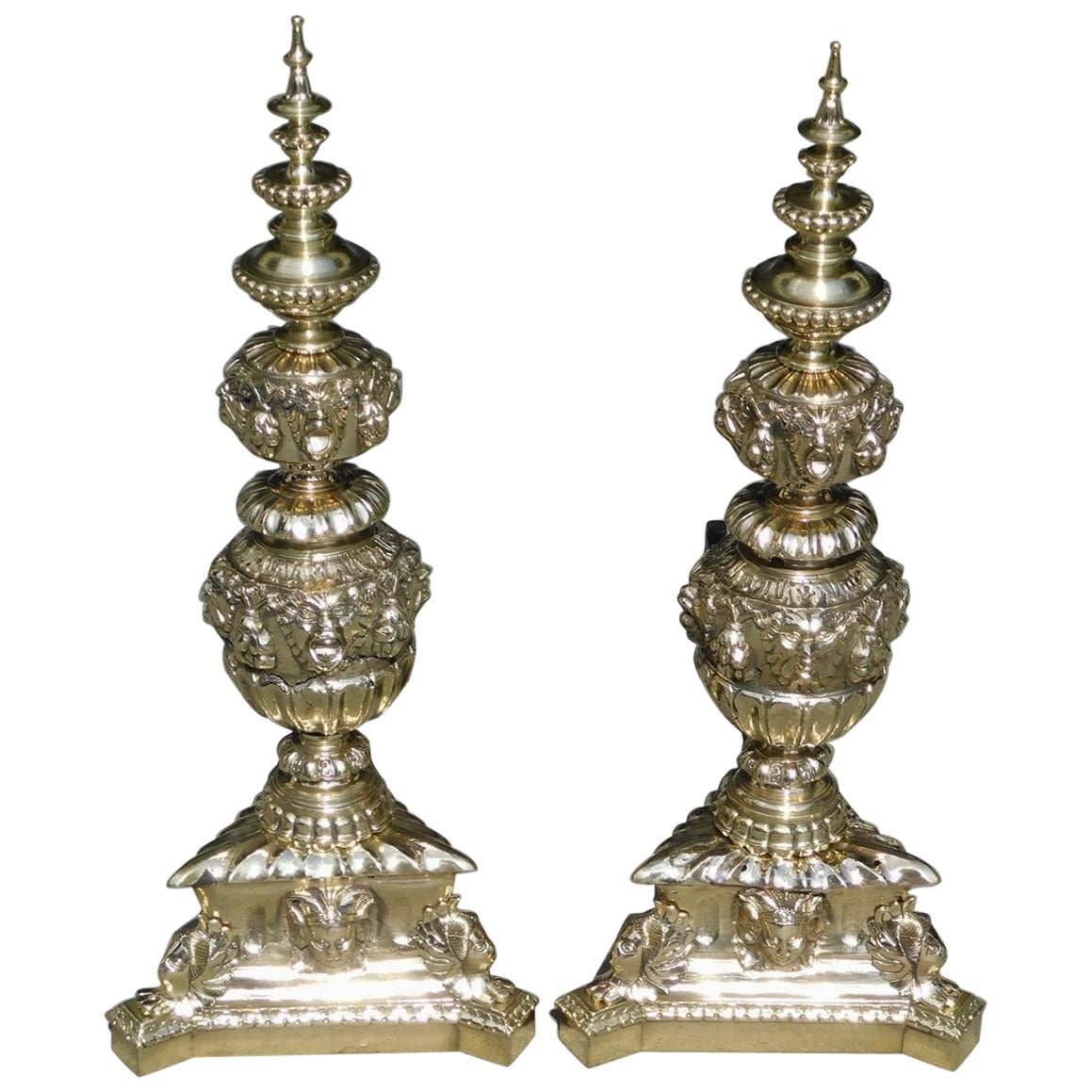 Pair of Italian Brass Neoclassical Figural Tiered Urn Finial Andirons, C. 1820 For Sale