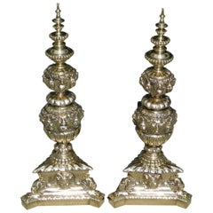 Pair of Italian Brass Neoclassical Figural Tiered Urn Finial Andirons, C. 1820