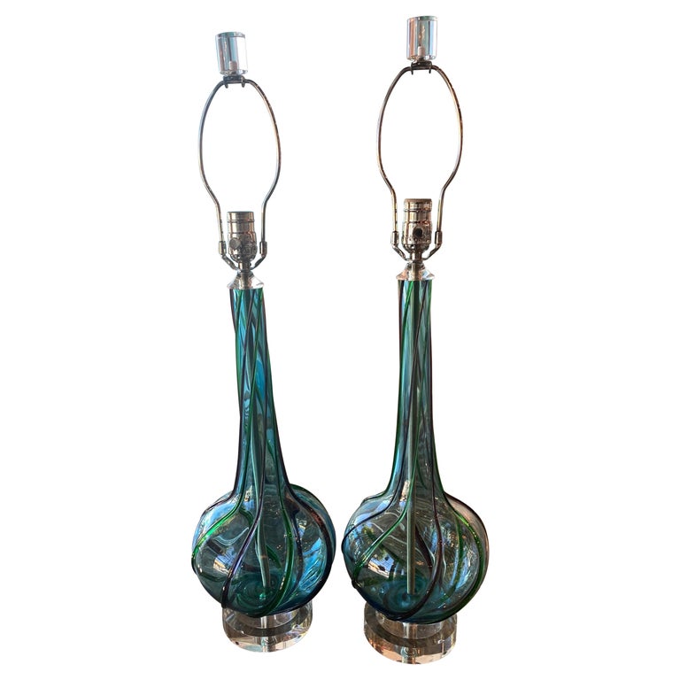 Vintage Pair of Murano Glass Aqua Ribbon Murano Table Lamps Lucite Newly Wired For Sale