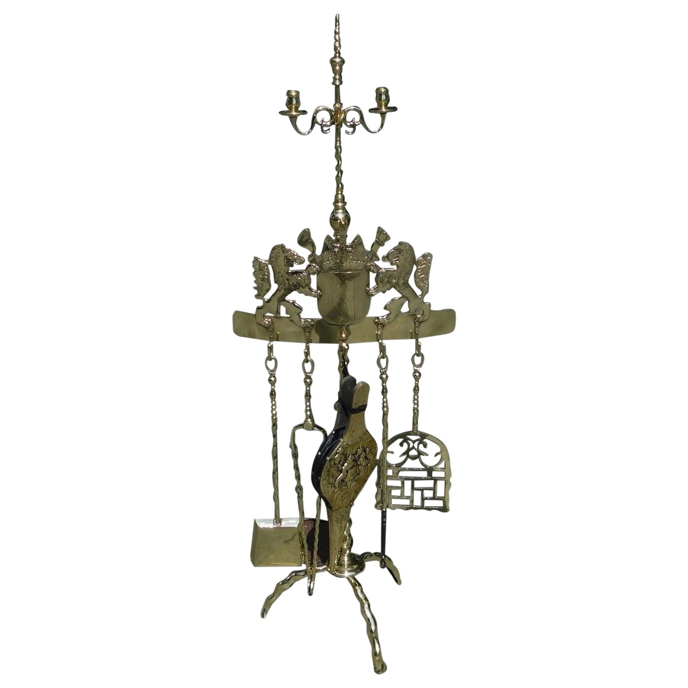 English Brass Flanking Lion Coat of Arms Fire Place Tools on Rope Stand, C. 1840