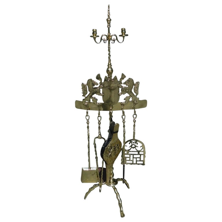 English Brass Flanking Lion Coat of Arms Fire Place Tools on Rope Stand, C. 1840 For Sale