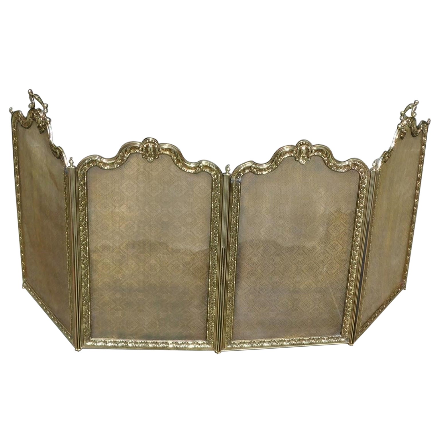 French Brass Serpentine Four Panel Decorative Foliage Fire Place Screen, C. 1830