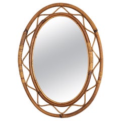 Retro Italian Oval Wavy Rattan Mirror, Large