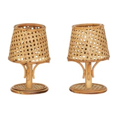 Pair of Petite Italian Rattan and Cane Lamps