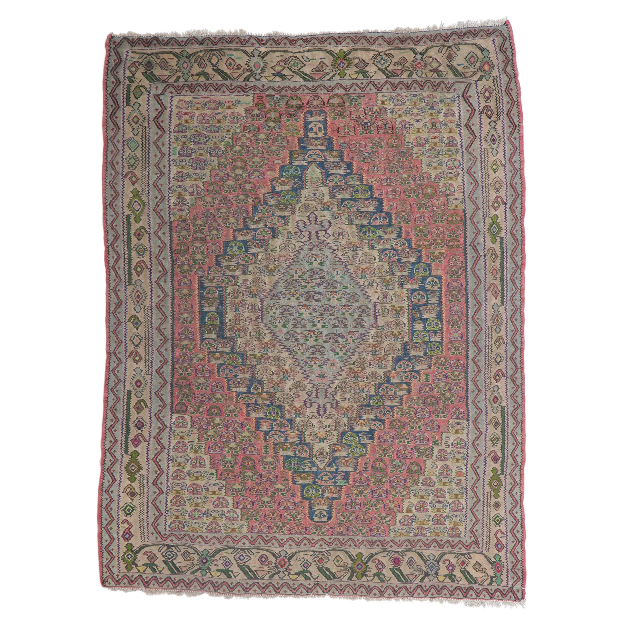 Vintage Persian Bijar Kilim Rug with Cottage Style For Sale
