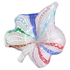 Vintage Murano Rainbow White Zanfirico Ribbons Italian Art Glass Leaf Shape Ring Dish