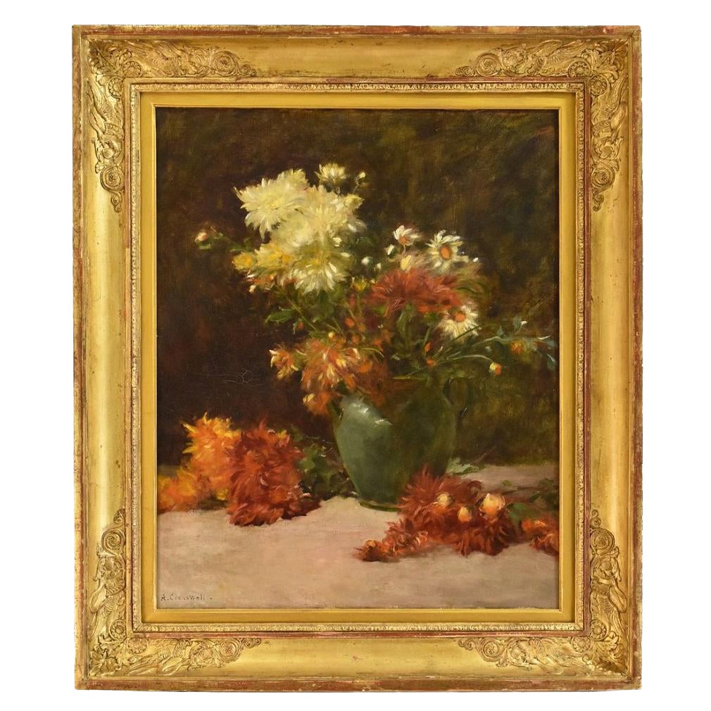 Flower Painting, Dahlias and Daisies, Flower Art, Oil on Canvas, 19th Century