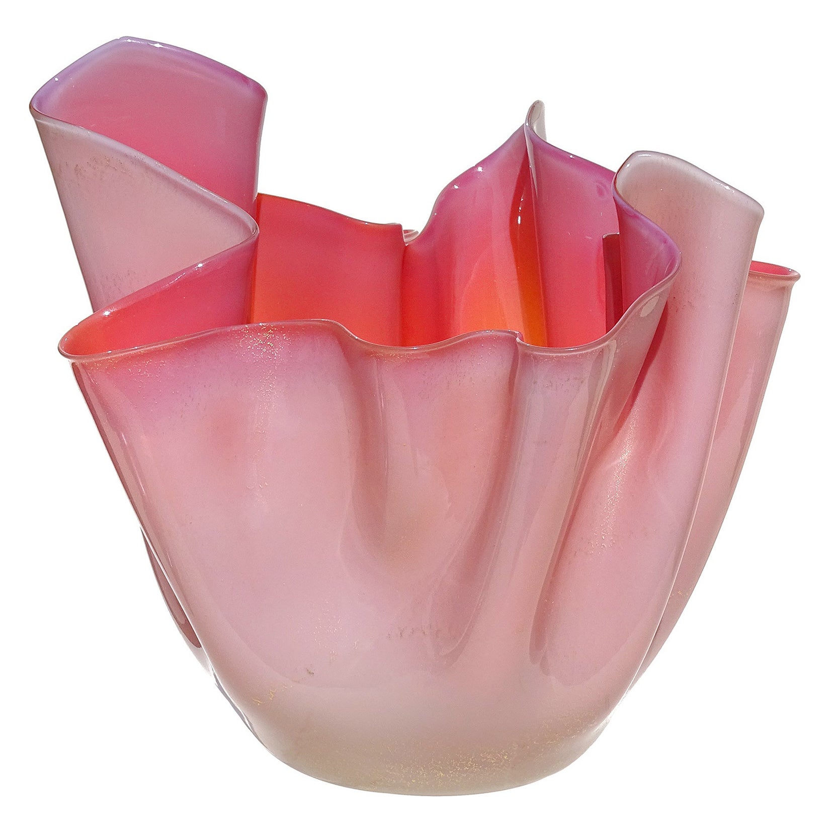 Venini Fulvio Bianconi Murano Pink Incamiciato Italian Art Glass Fazzoletto Vase For Sale