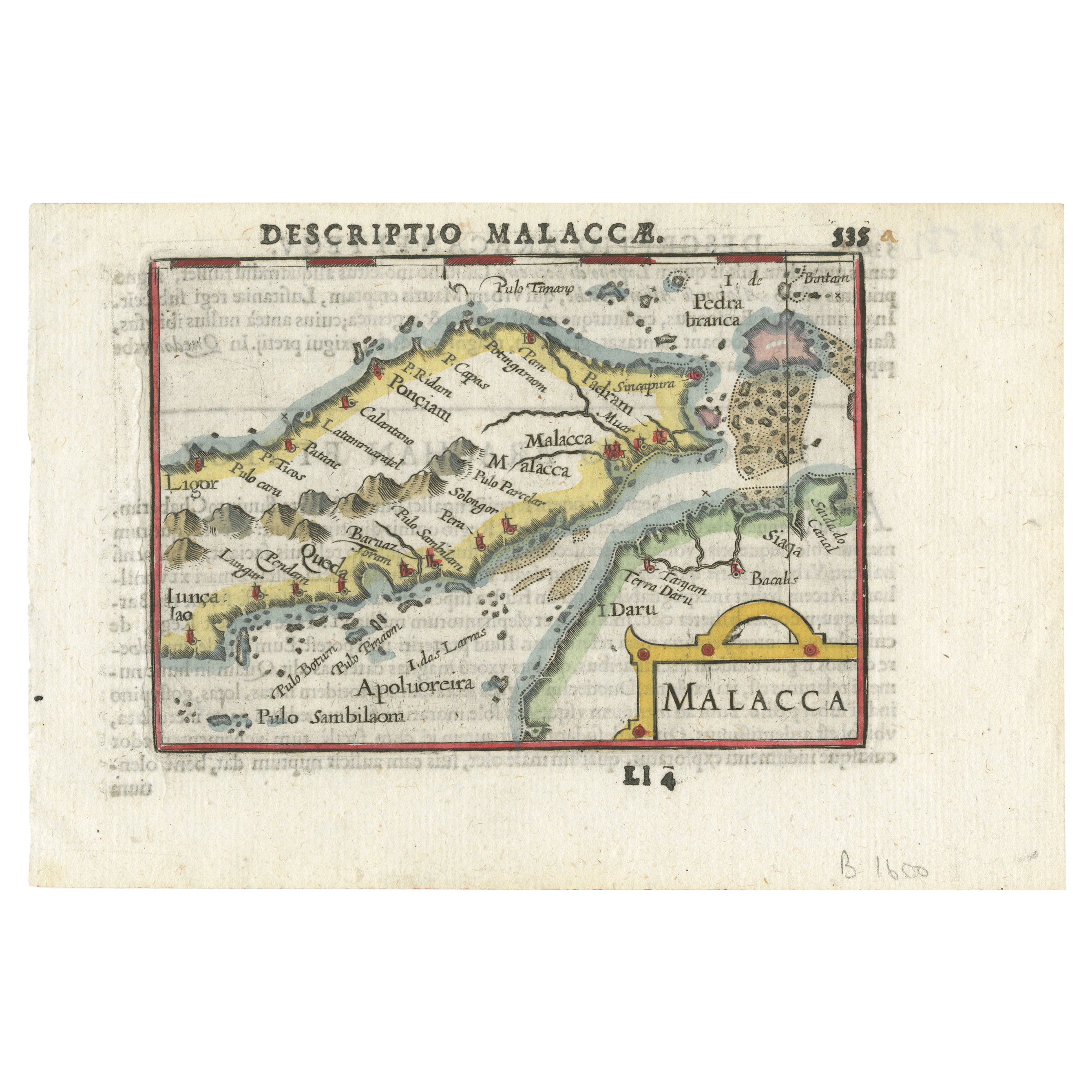 Rare Original Handcolored Miniature Map of Malaysia and Singapore, 1600