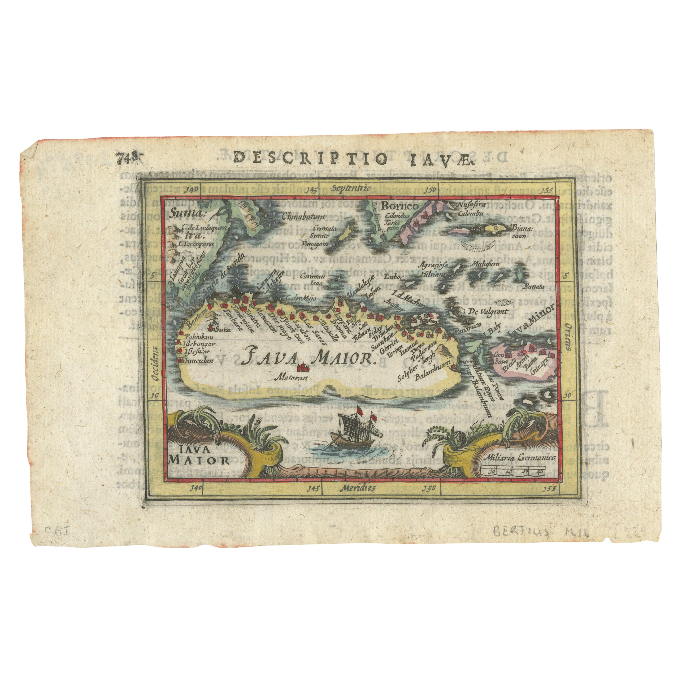 Rare carte miniature originale du 16ème siècle colorée à la main de Java, Indonésie, 1616