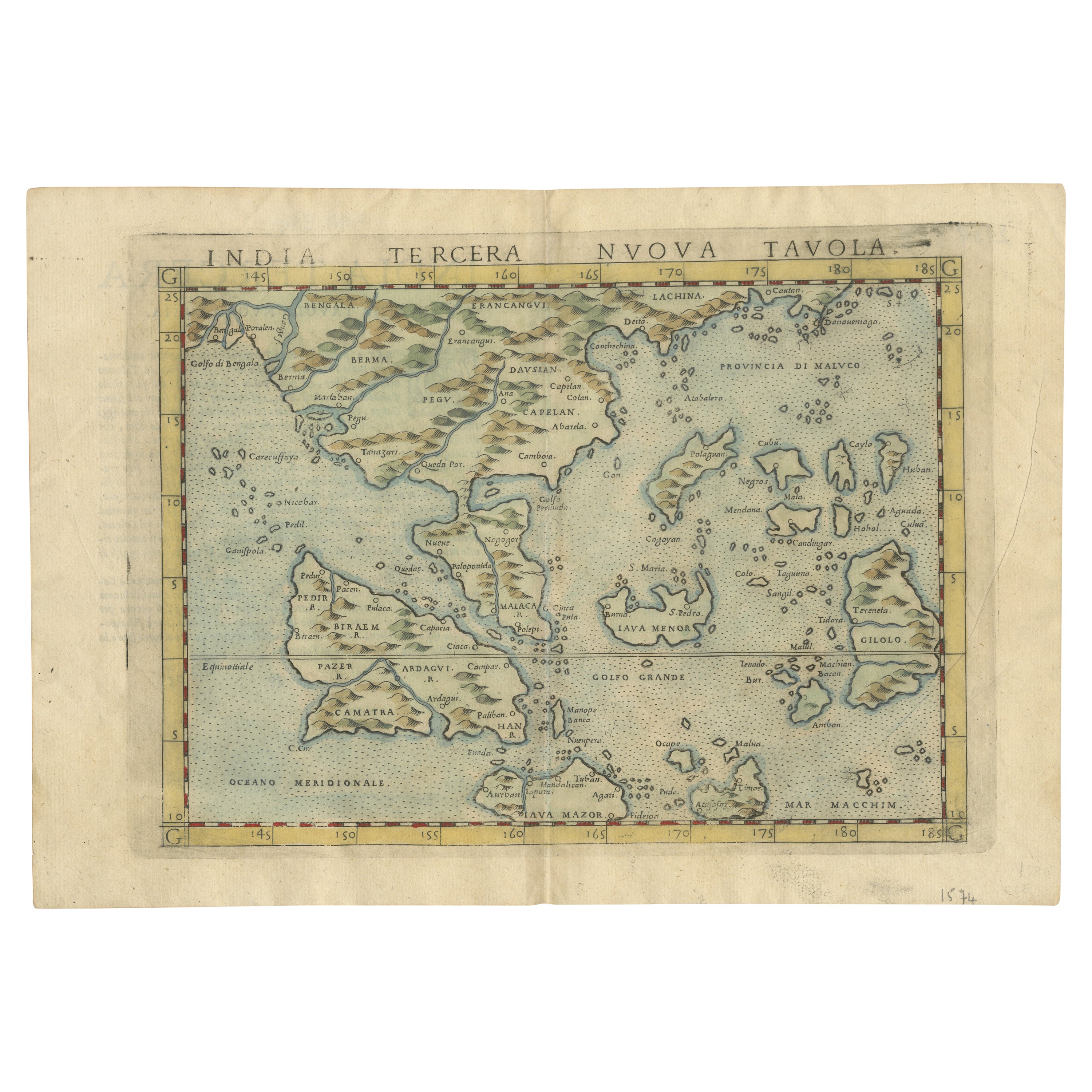 Rare and Very Old Antique Map of South East Asia, Published circa 1574 For Sale