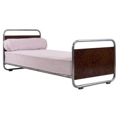 Retro Art Déco Streamline Burled Wood Tubular Steel Bauhaus Single Bed, 1920s