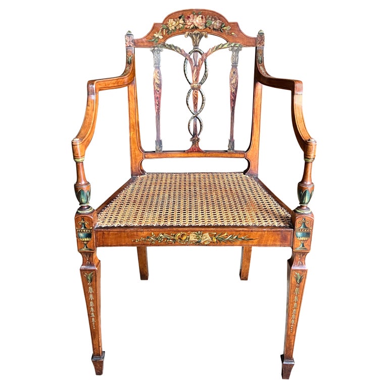Antique Adams Decorated Satinwood & Cane Lolling Chair, 20th C