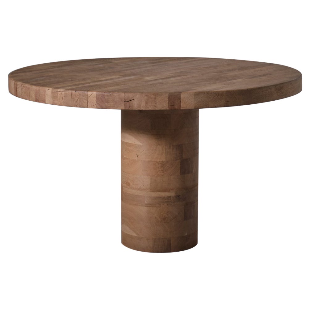 Round Oak Dining Table with Cylinder Base, 1970s For Sale