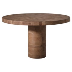 Round Oak Dining Table with Cylinder Base, 1970s