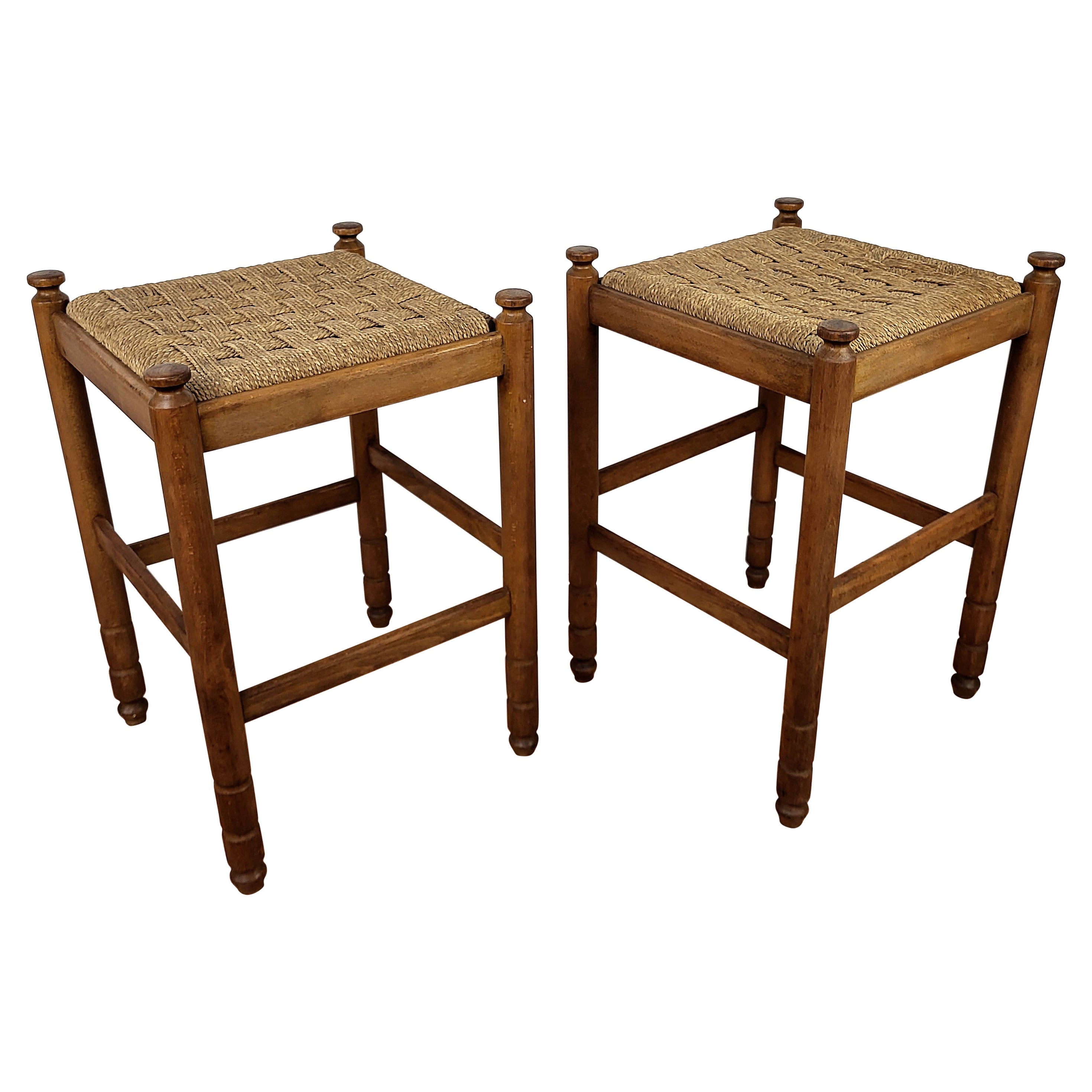 Pair of 1960s Italian Midcentury Carved Wood and Cord Woven Rope Stools For Sale