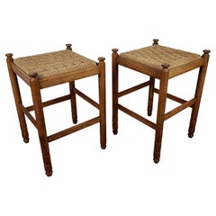 Pair of 1960s Italian Midcentury Carved Wood and Cord Woven Rope Stools