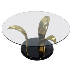 Vintage Glamour Hollywood Regency Glass & Brass Palm Leaf Cocktail Coffee Table