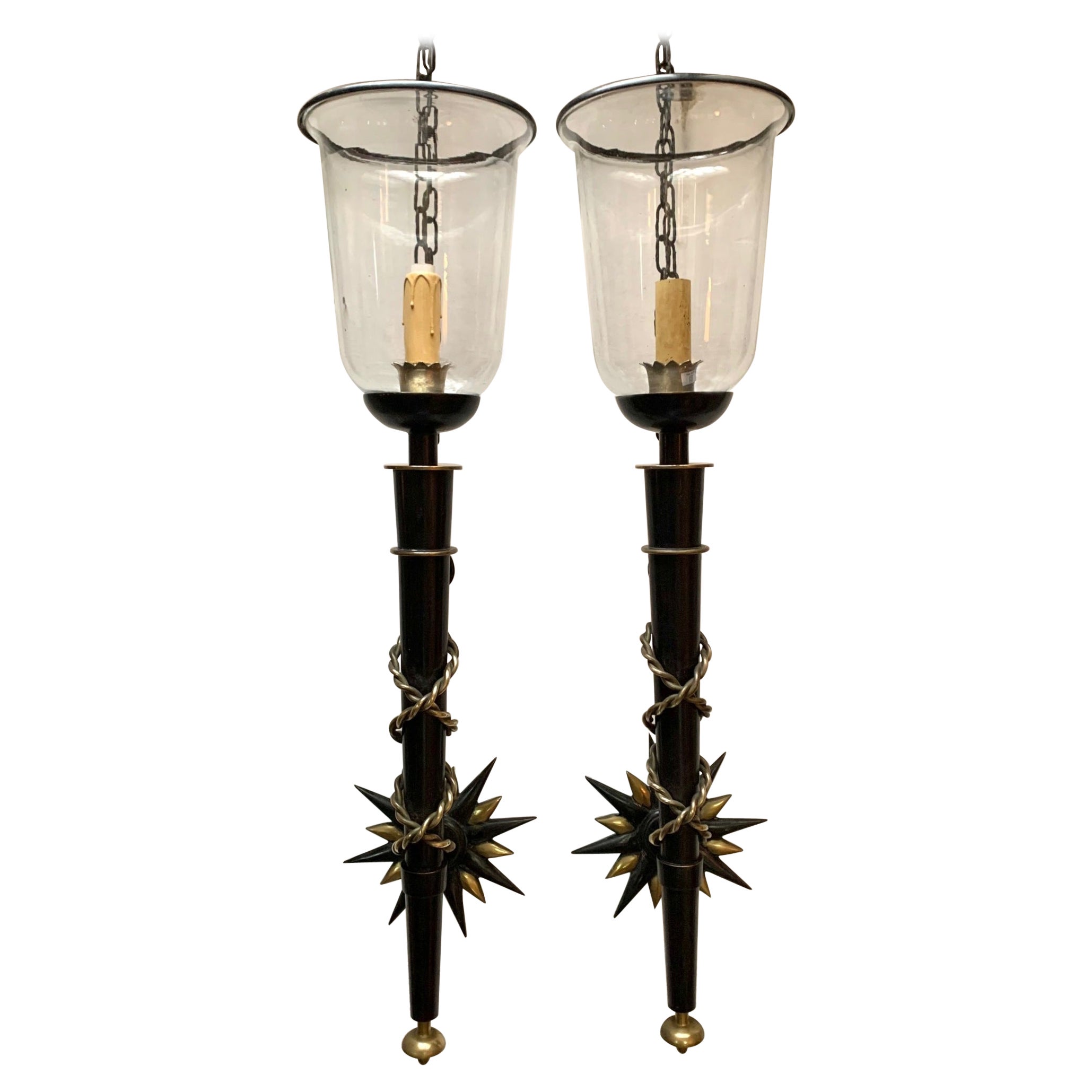 Pair Wrought Iron and Brass Toorchere Wall Sconces 1950 Gilbert Poillerat Style For Sale