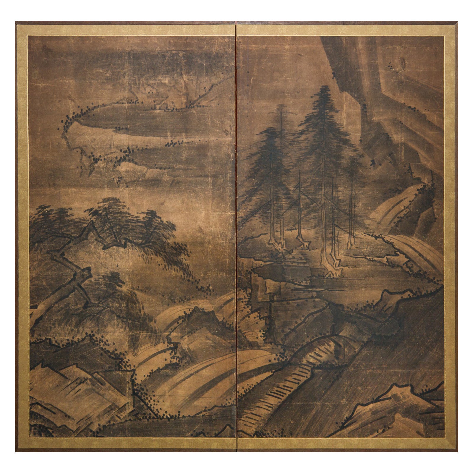 Japanischer japanischer Raumteiler mit zwei Tafeln und Suiboku-Landschaft im Sesshu-Stil