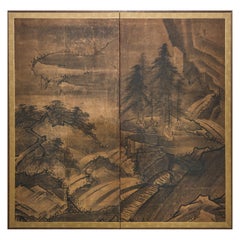 Japanese Two Panel Screen Suiboku Landscape in Sesshu Style