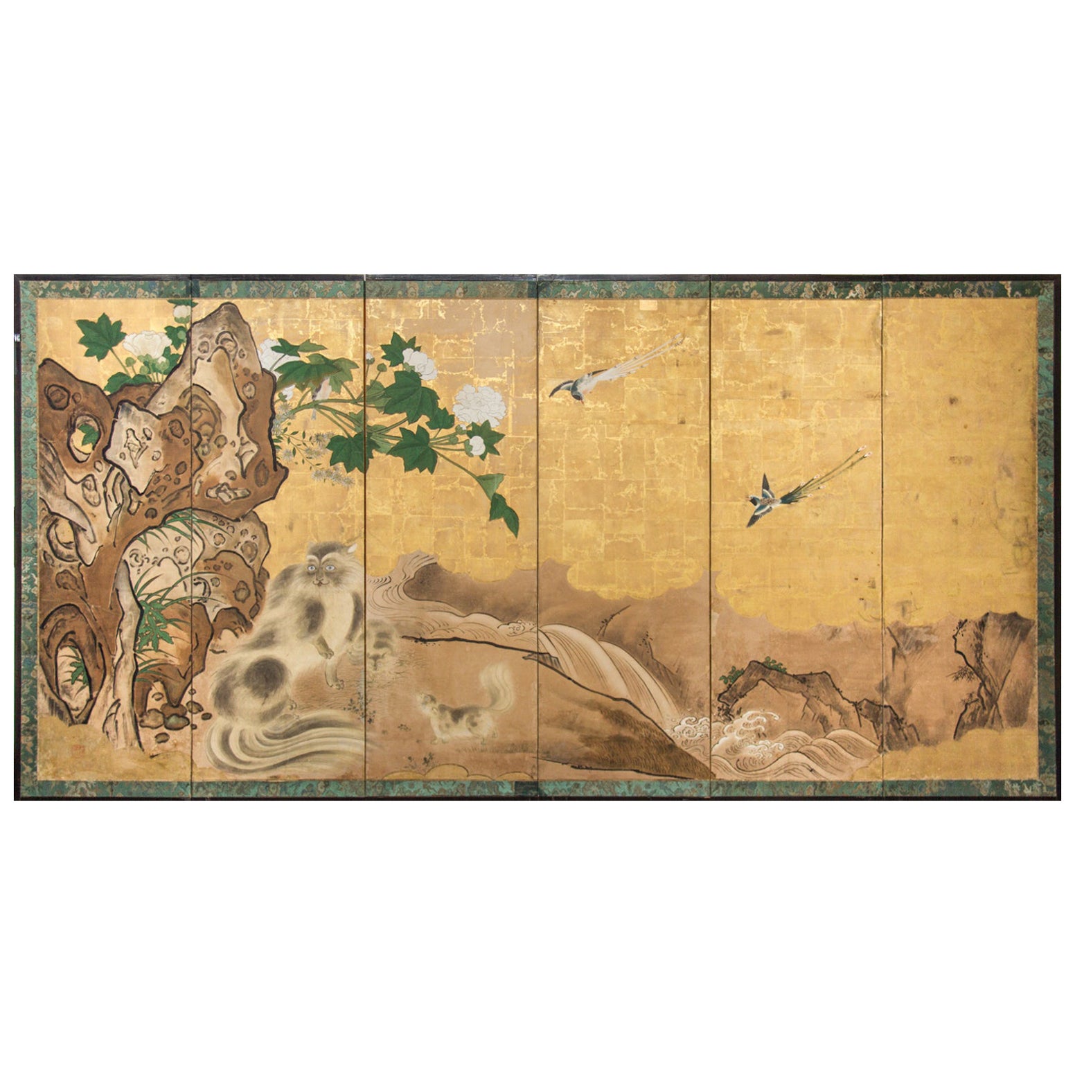Japanese Six Panel Screen Mother Cat and Kittens Near Rushing Stream