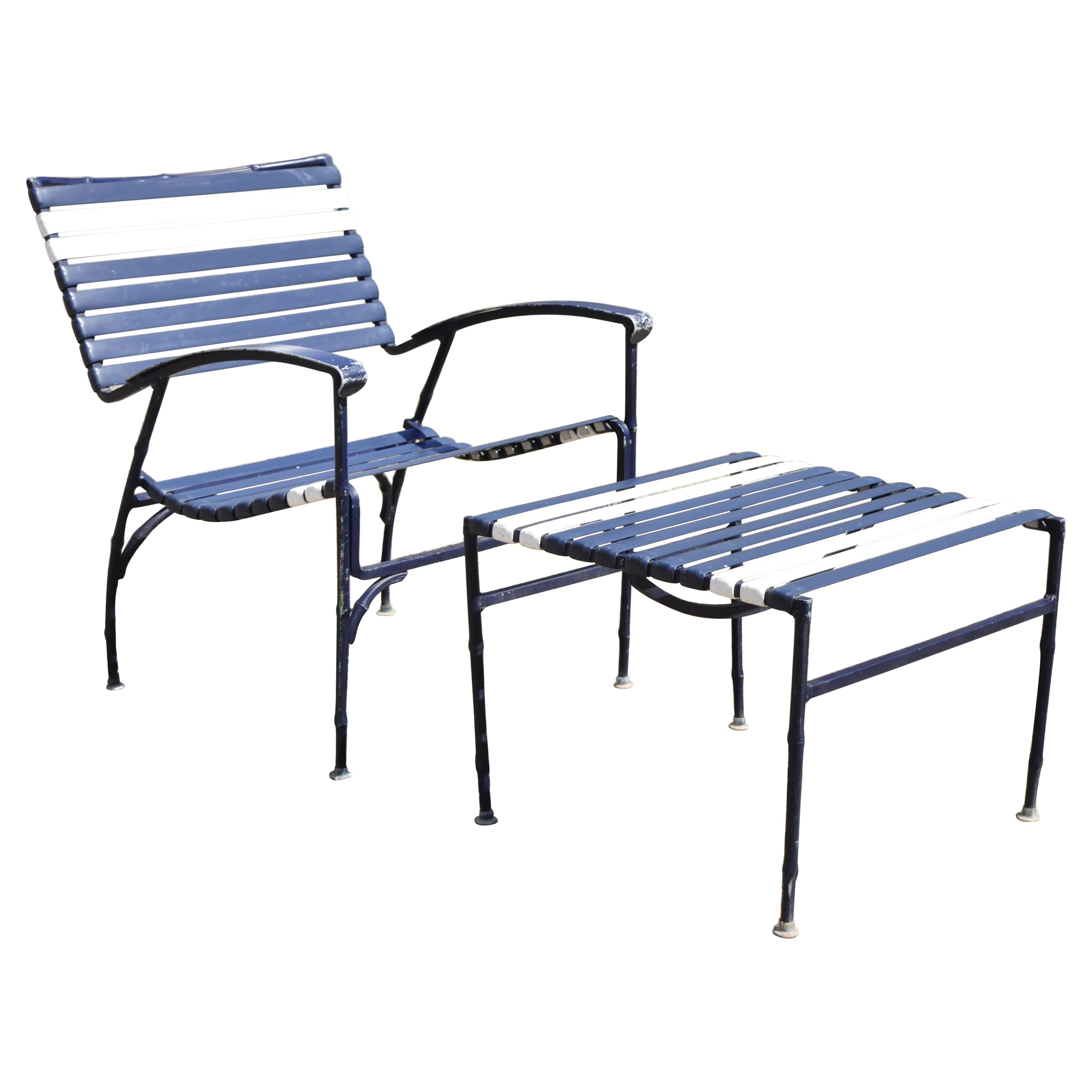 Vintage Faux Bamboo Aluminum Vinyl Straps Blue Patio Lounge Chair and Ottoman For Sale