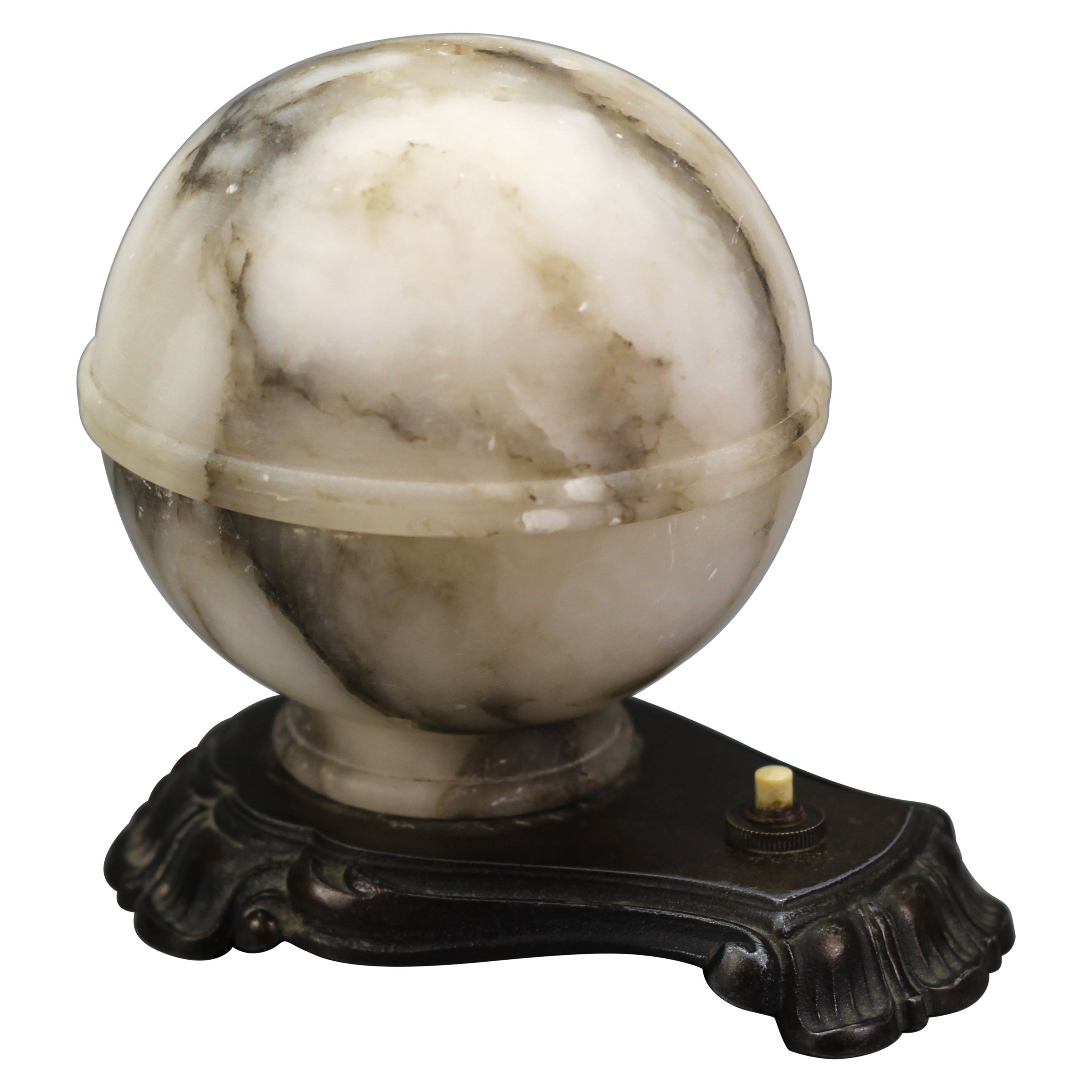 Lampada da notte o lampada d'atmosfera Art Déco a sfera in alabastro bianco e nero, anni '30