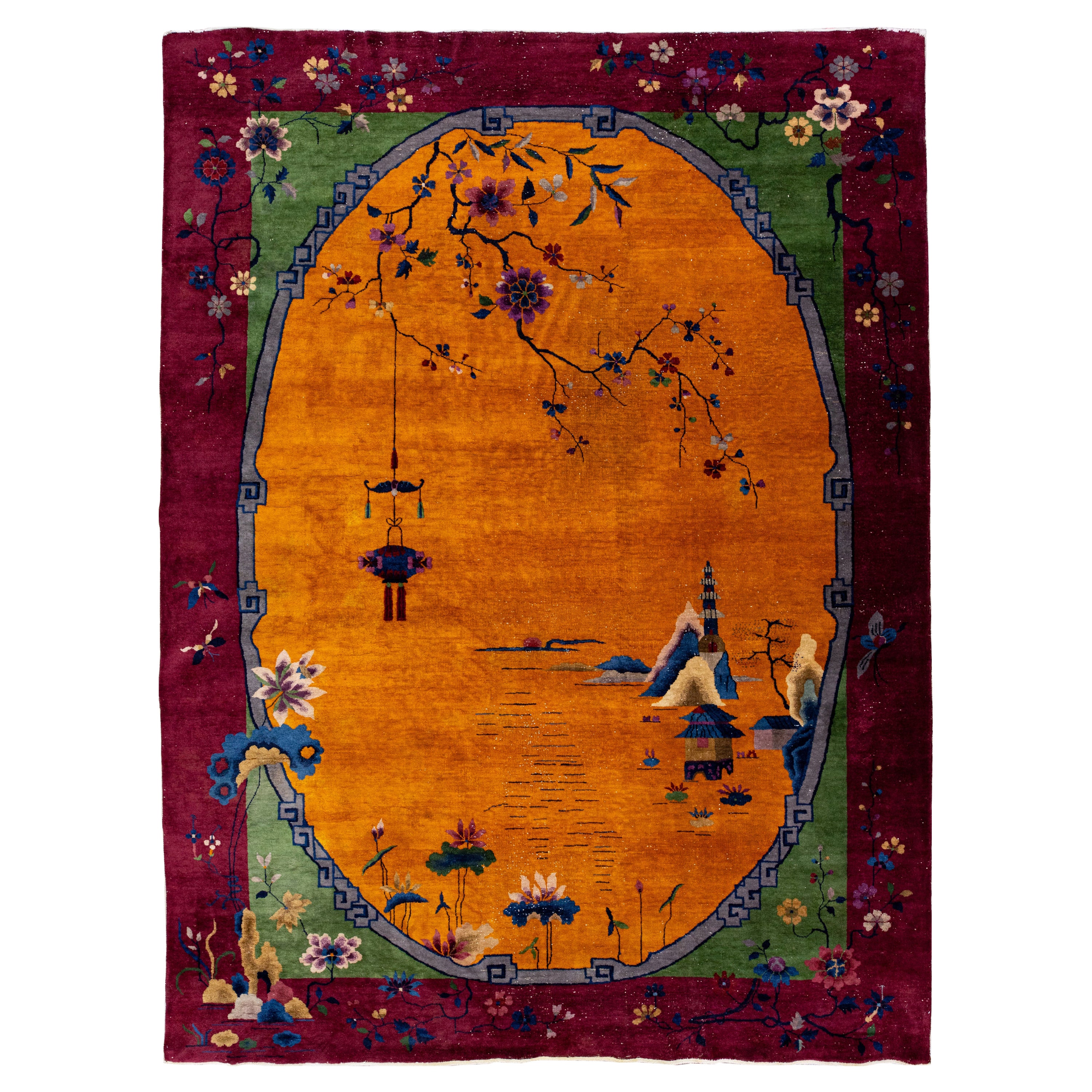 Antique Art Deco Handmade Floral Multicolor Chinese Wool Rug For Sale