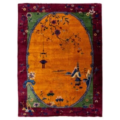 Tapis Art Déco ancien en laine chinoise multicolore à fleurs, fait à la main