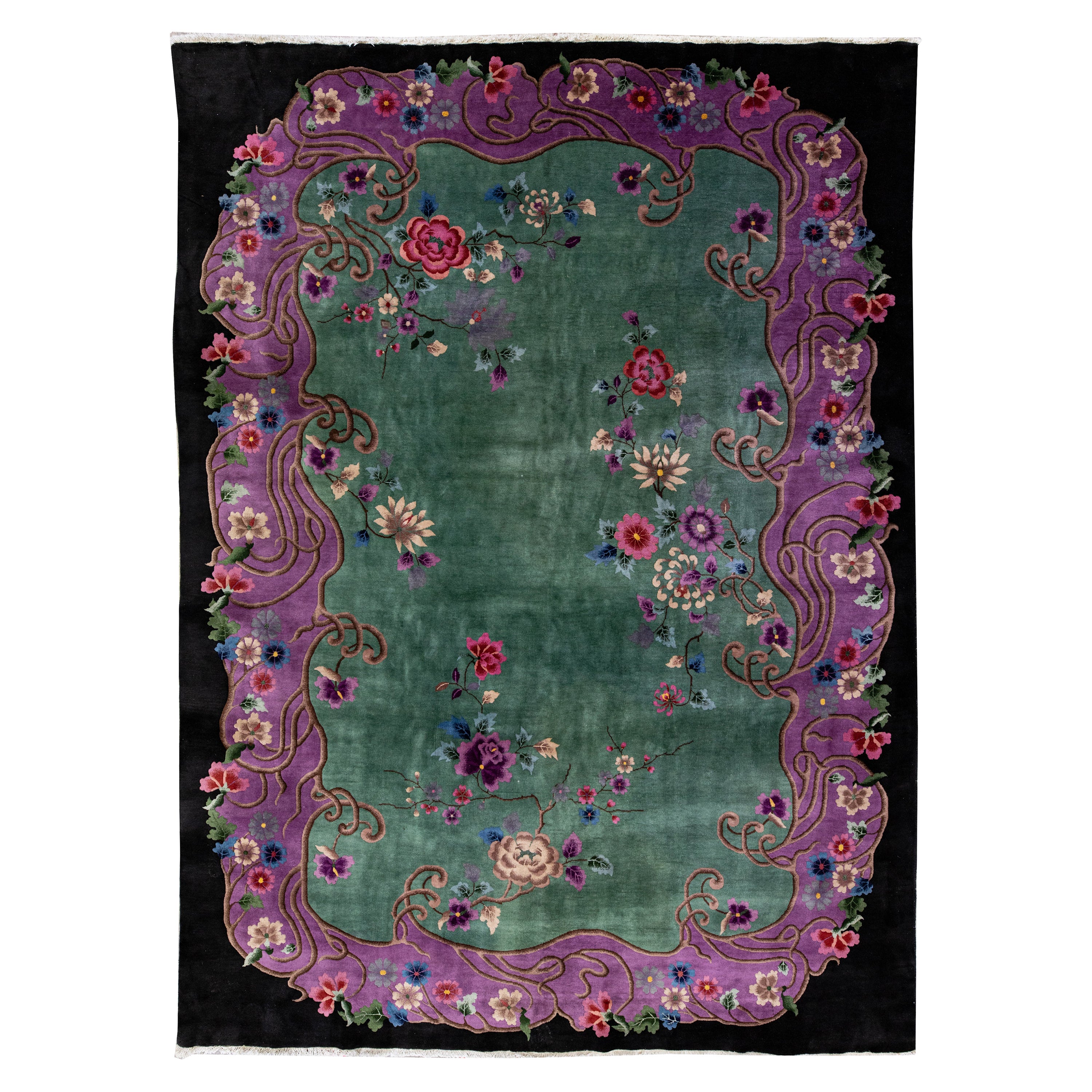 Antique Floral Art Deco Green Handmade Designed Chinese Wool Rug