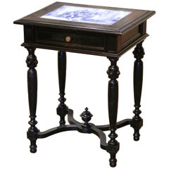 19th Century French, Carved Blackened and Blue and White Painted Tile Side Table