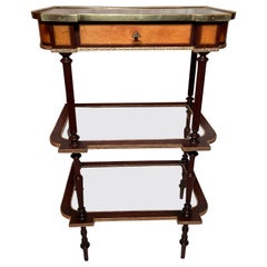 Antique French Marquetry Table with Bronze D' Ore Mounts and Glass Shelves Below