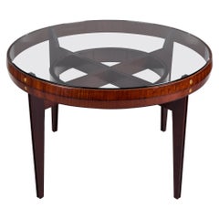Italian Mid Century Mahogany Round Table with Glass Top and Structured Frame