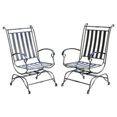 Hollywood Regency Style Black Wrought Iron Spring Patio Garden Chairs - a Pair