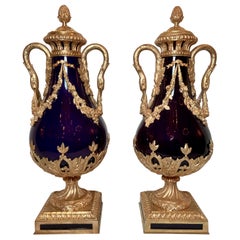 Pair Antique French Belle Époque Sèvres Blue Porcelain Gold Bronze Urns Ca. 1880