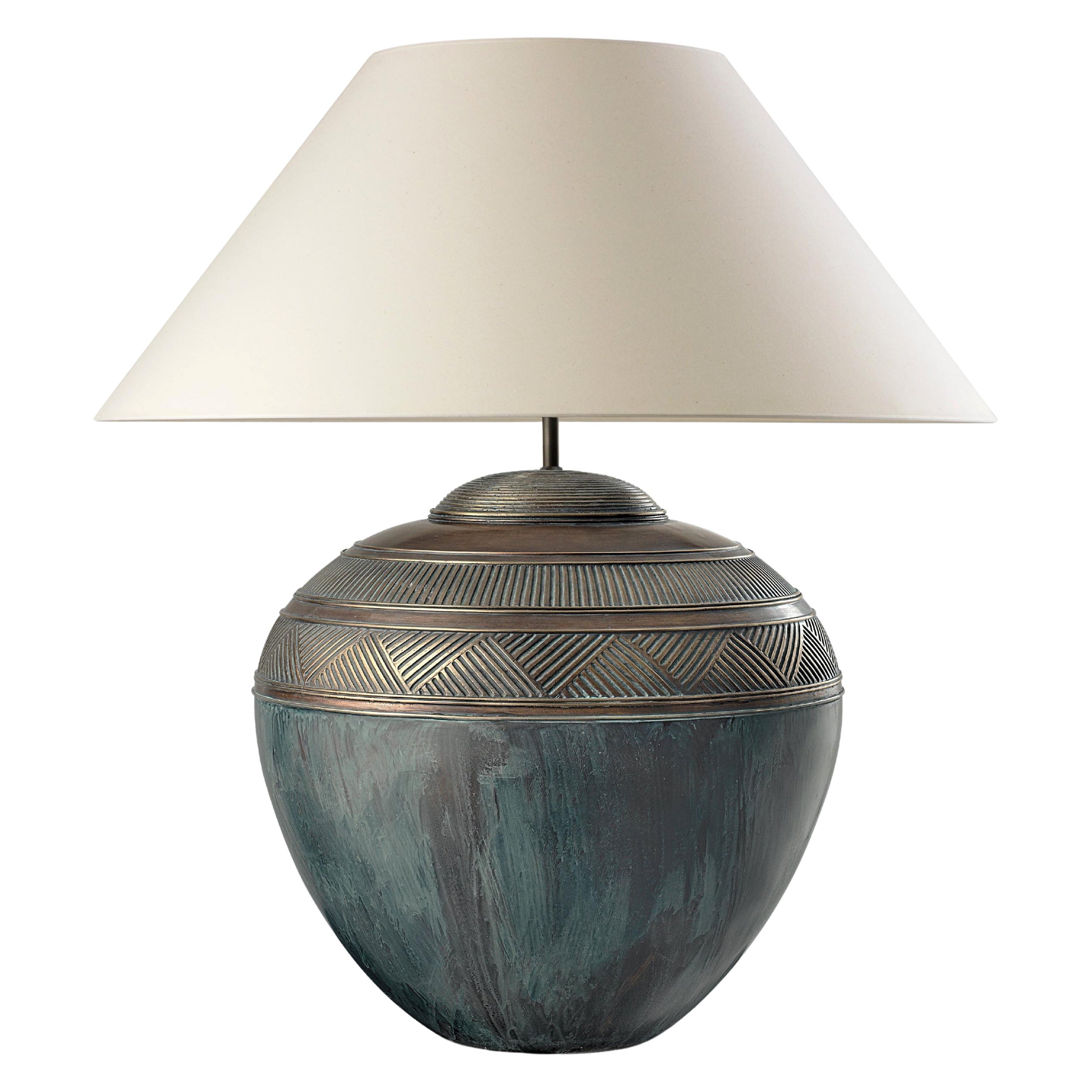 INCA, Table Lamp in Aged Bronze, Modern Art Deco Design Handmade, Shade Included For Sale