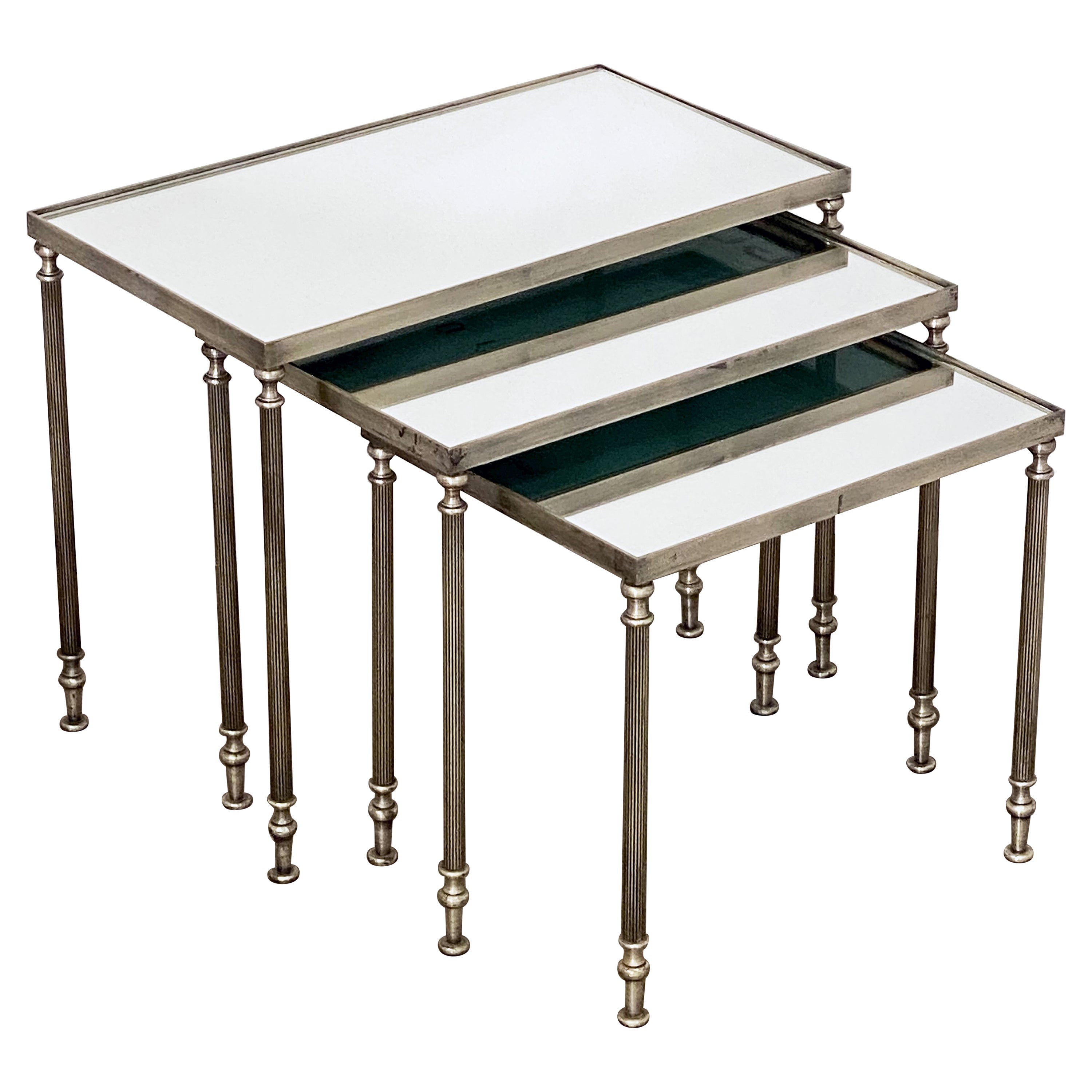 French Rectangular Nesting Tables with Mirrored Glass Tops For Sale