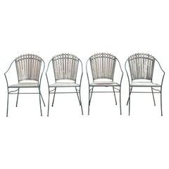 Vintage Wrought Iron and Wood Slat Garden Patio Dining Arm Chairs - Set of 4