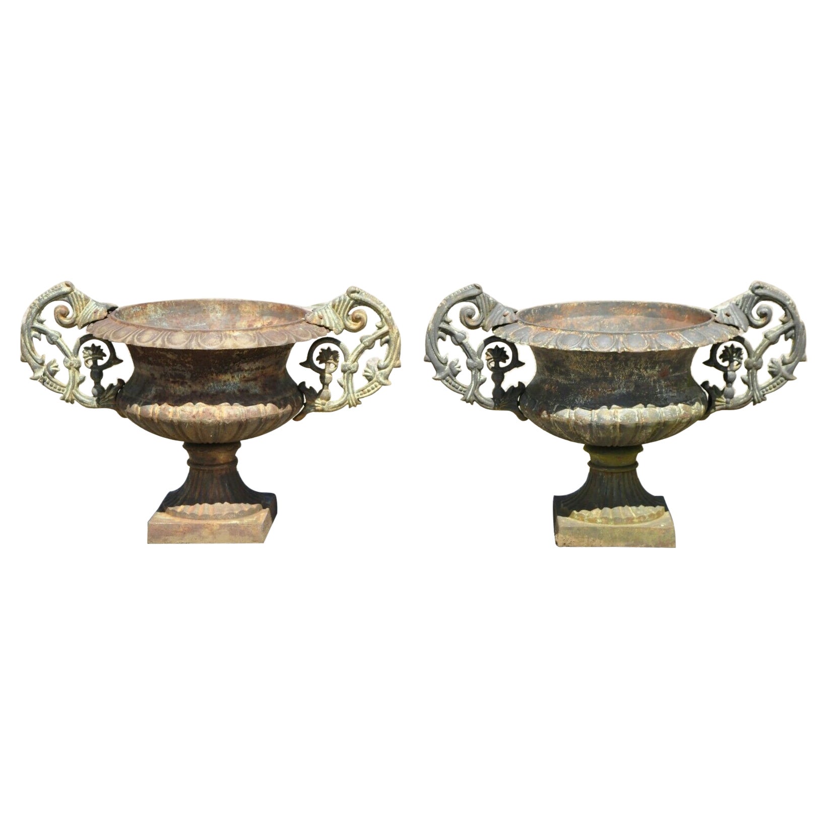 Cast Iron Victorian Style Vrn Form Garden Planters with Handles - a pair For Sale