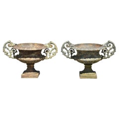 Retro Cast Iron Victorian Style Vrn Form Garden Planters with Handles - a pair