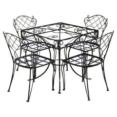 Vintage Wrought Iron Garden Patio Dining Set Square Table 4 Chairs - 5 Pc Set