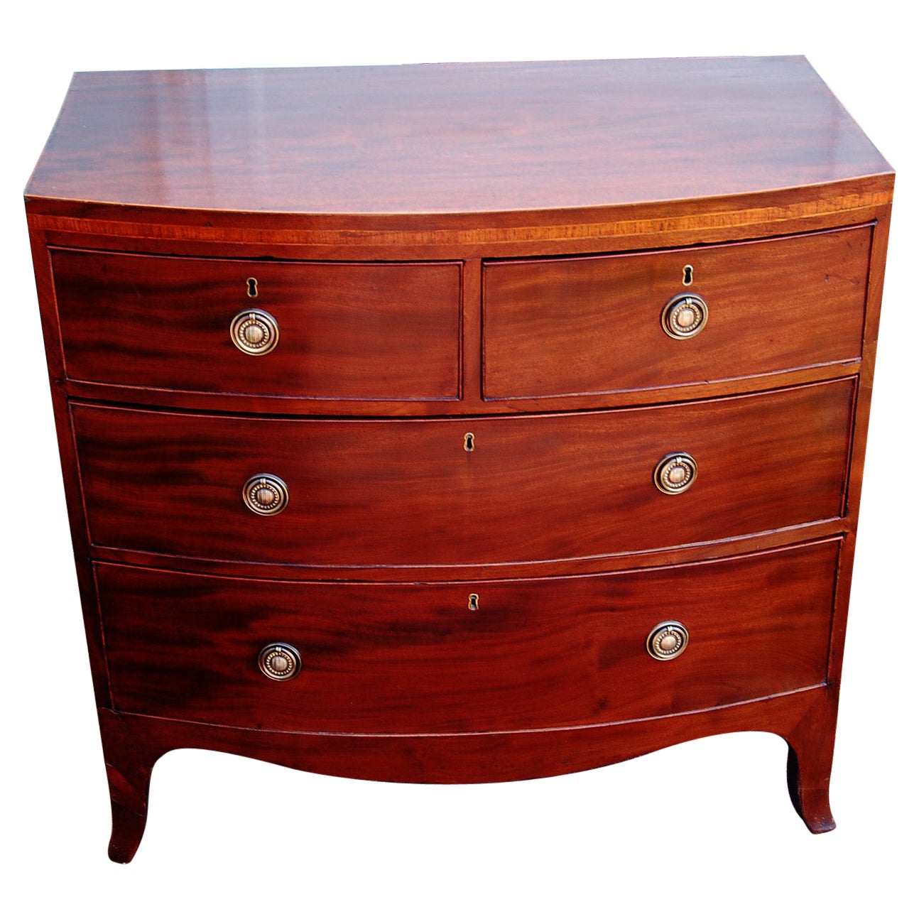 English Georgian Bowfront Chest of Drawers in Mahogany with Inlaid Banding 