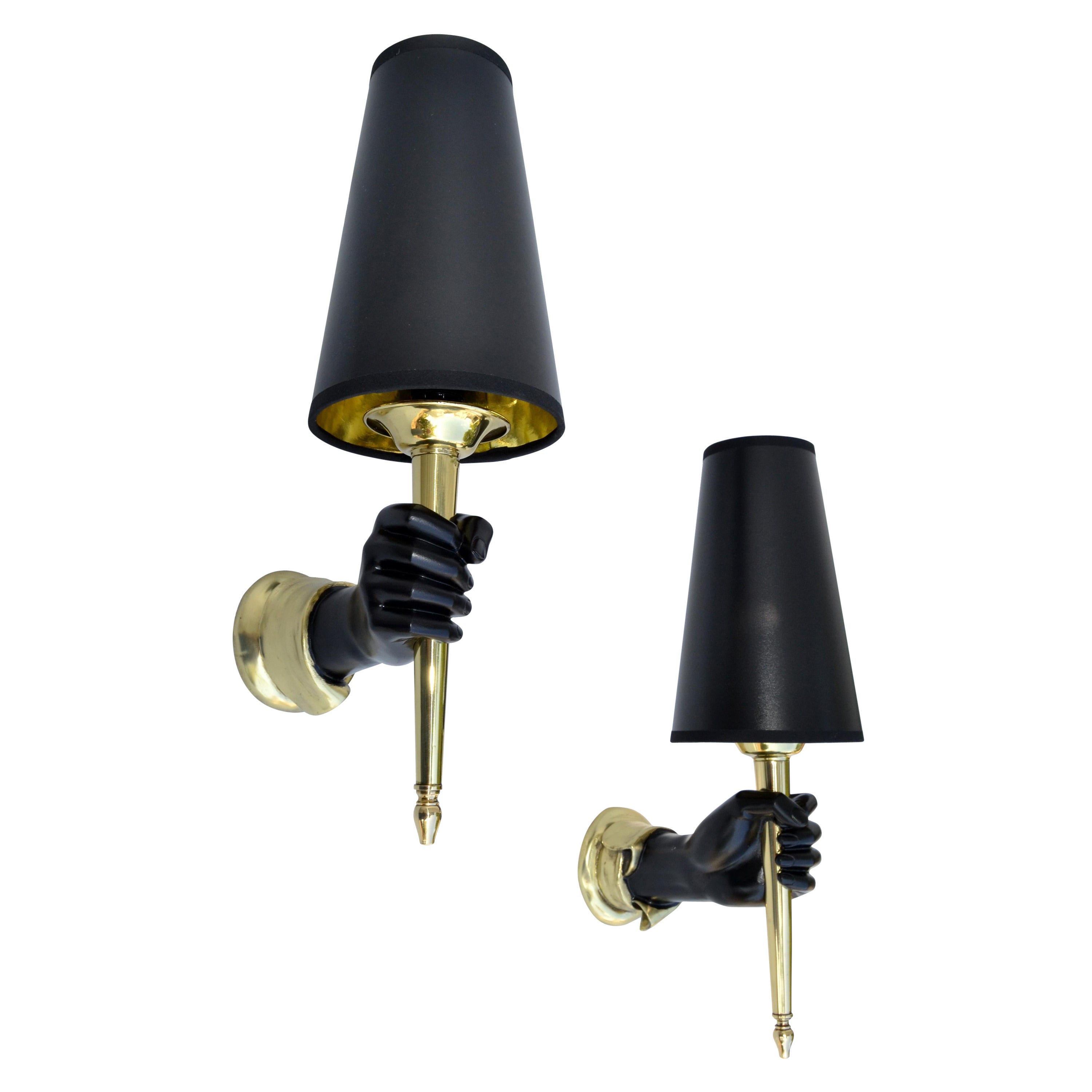 Andre Arbus Bronze Sconces Black Finish Hand Holding Light, Wall Lamp 1950 Pair For Sale