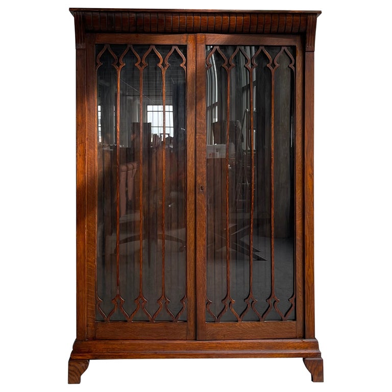 Gothic Oak Glass Front Display Cabinet For Sale