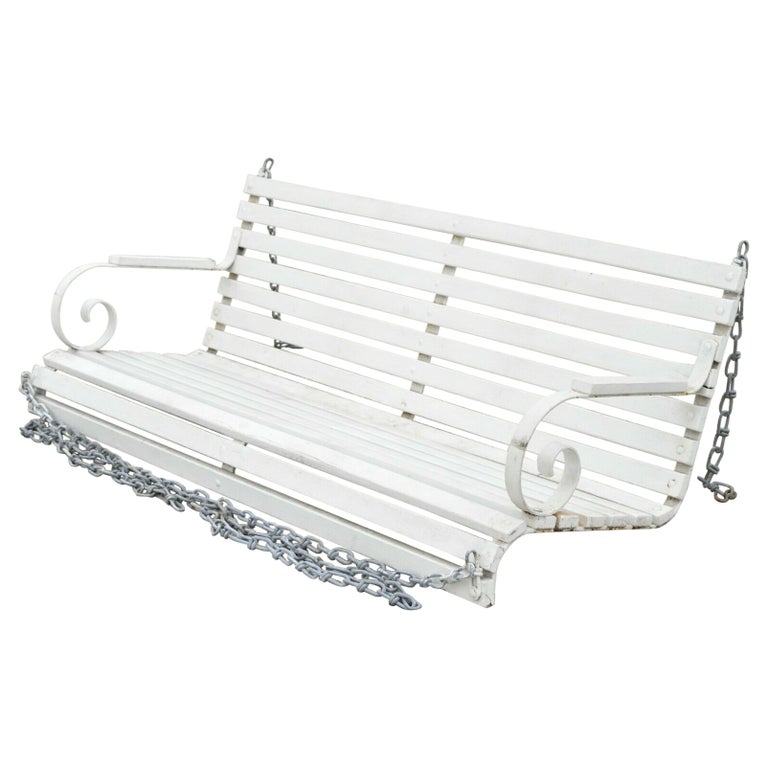 Vintage Wooden Slat and Scrolling Wrought Iron Garden Patio Bench